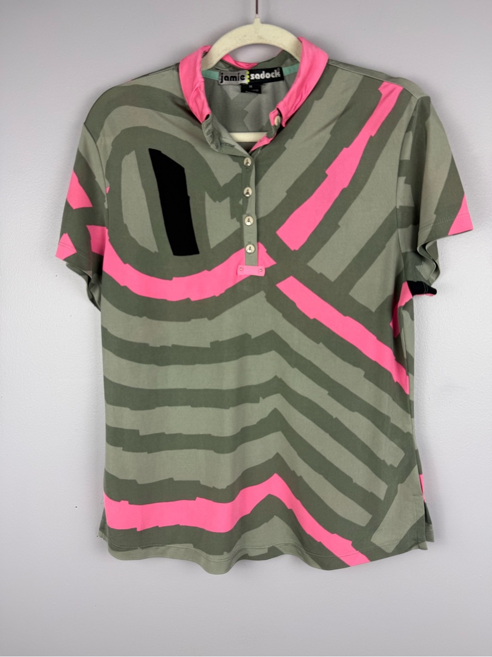 Jamie Sadock Medium Short Sleeve Golf Polo Shirt Pink Olive Abstract Print - Picture 2 of 13